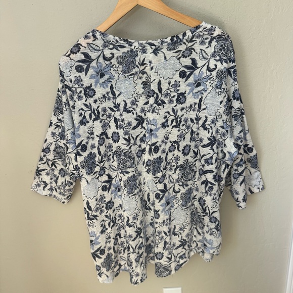 RACHEL ZOE 100% Linen Floral Knit Tunic Tee V-Neck Top 3/4 Sleeves Blue White - Picture 12 of 16